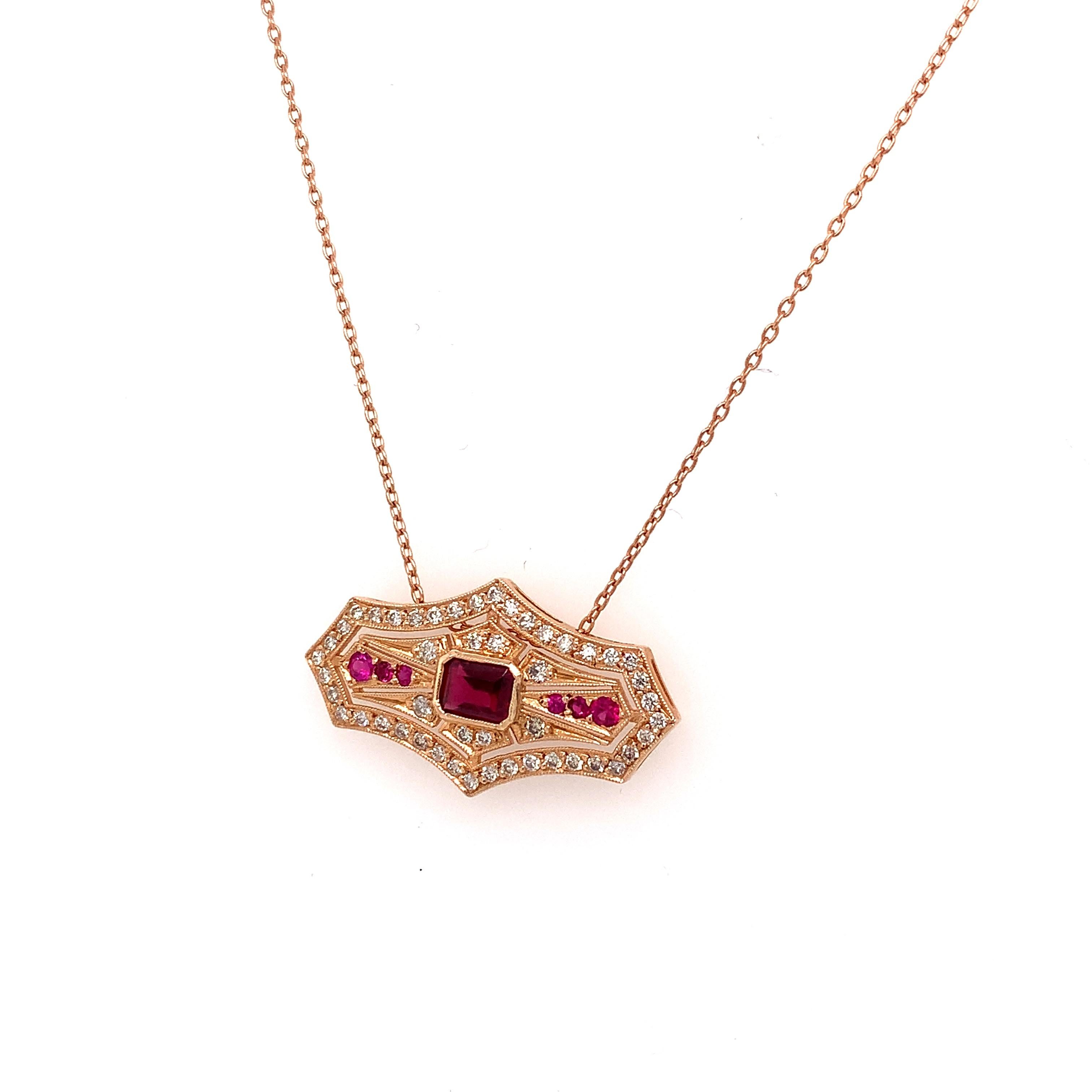 Contemporary OWN Your Story 14 Karat Gold Ruby and Diamond French Shield Diagonal Pendant For Sale