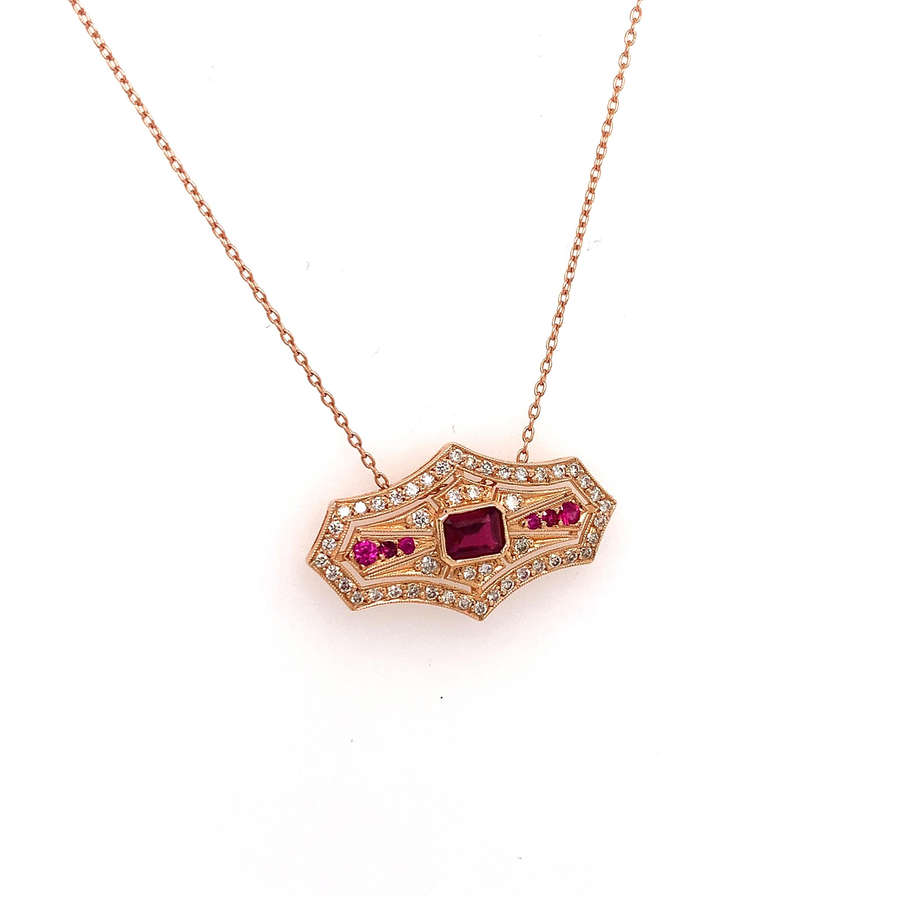 Round Cut OWN Your Story 14 Karat Gold Ruby and Diamond French Shield Diagonal Pendant For Sale