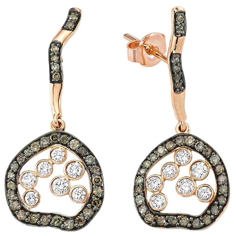 OWN Your Story 18K Rose Gold White and Cognac Diamond Inverse Circular Earrings For Sale