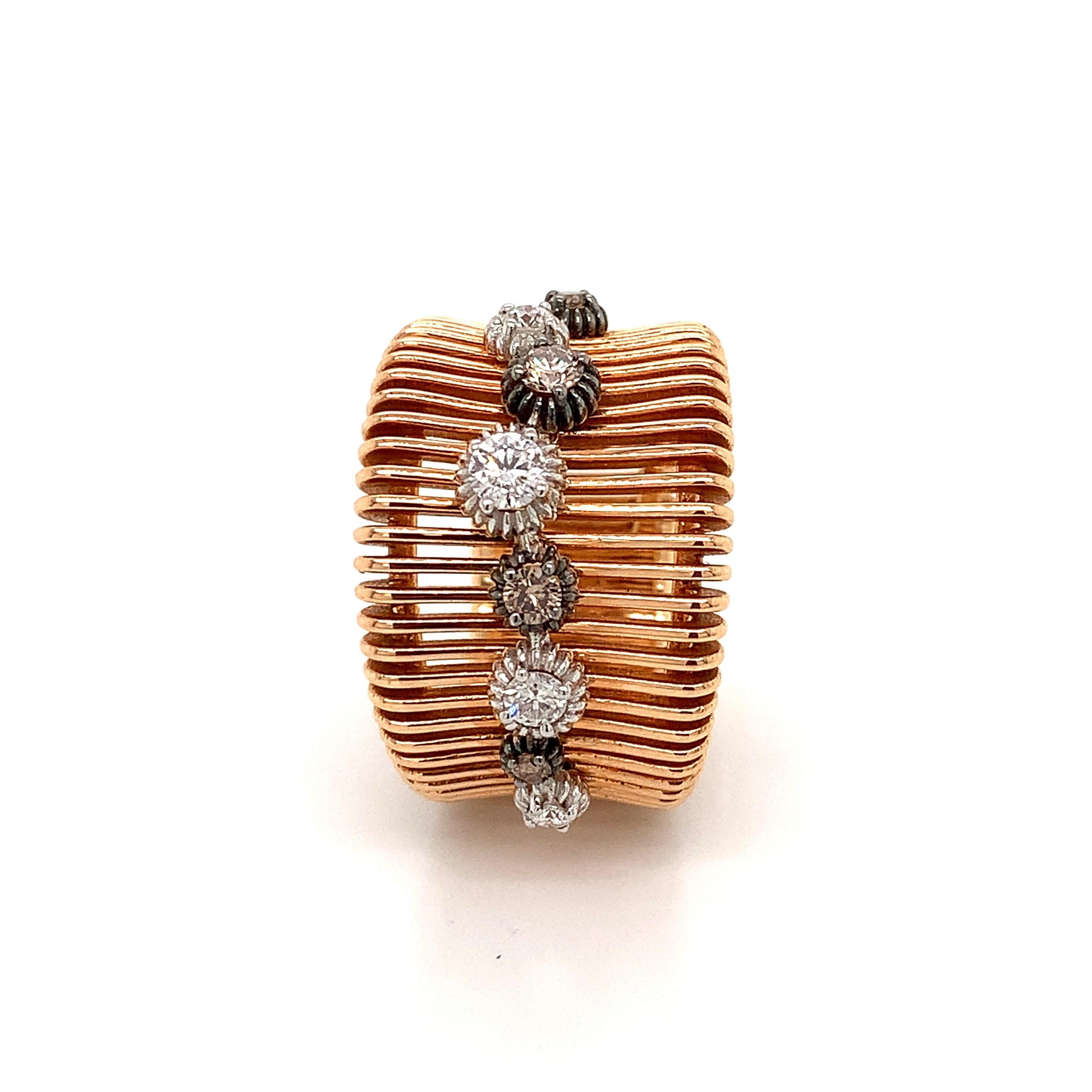 Contemporary OWN Your Story 18 Karat Rose Gold White and Cognac Diamond Sprinkled Lines Ring For Sale