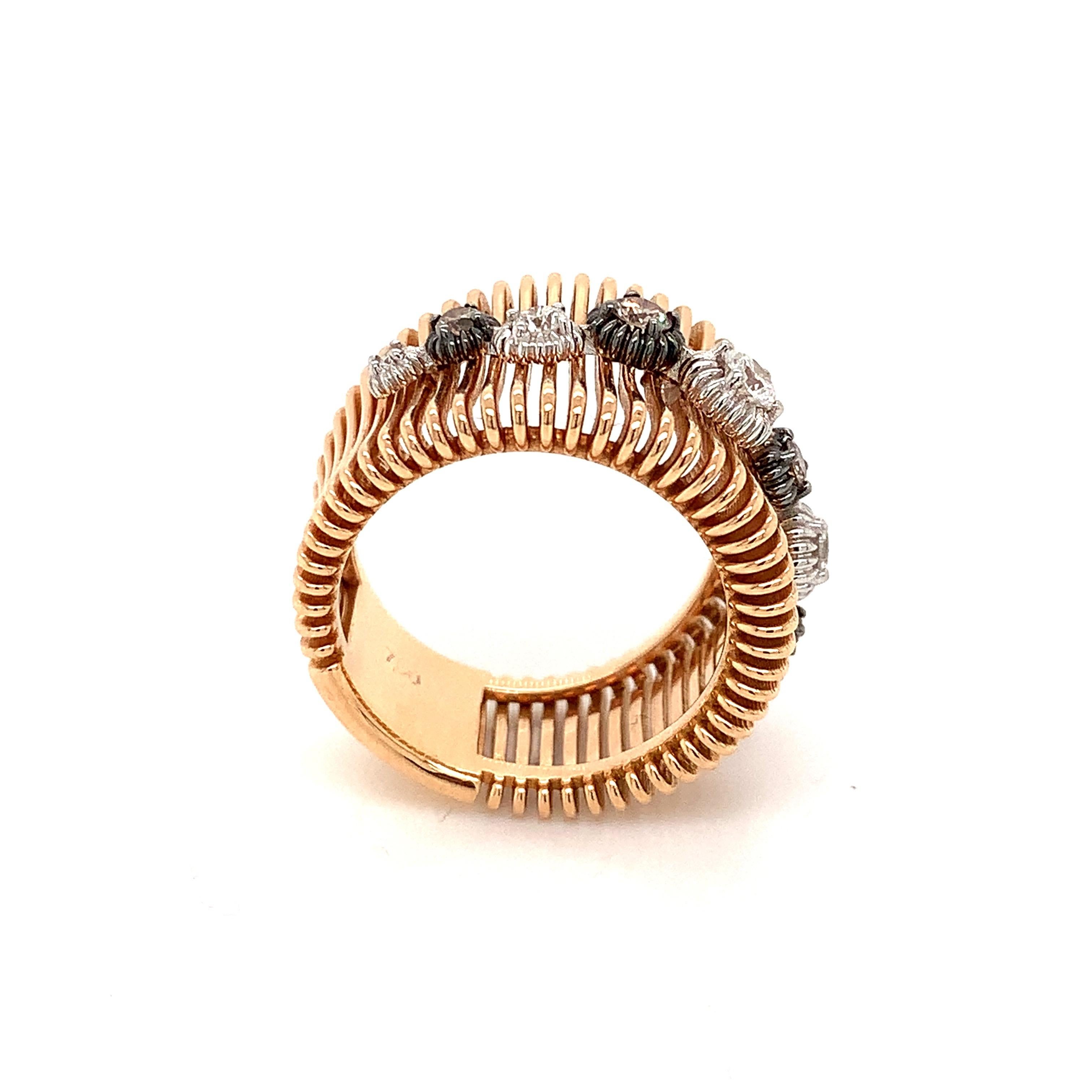 Round Cut OWN Your Story 18 Karat Rose Gold White and Cognac Diamond Sprinkled Lines Ring For Sale