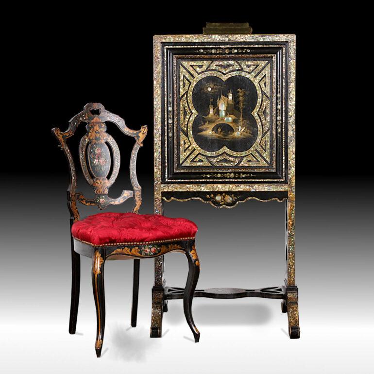 French ebonized ‘Napoleon III’ era fall-front writing desk in mother of pearl with matching side chair. Originally belonged to Coco Chanel herself and was present in her southern French villa. Villa La Pausa was built both by the Duke of Westminster