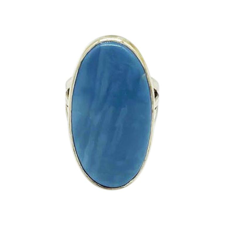 Owyhee Blue American Opal and Sterling Silver Bezel Set Oval Statement Ring  For Sale