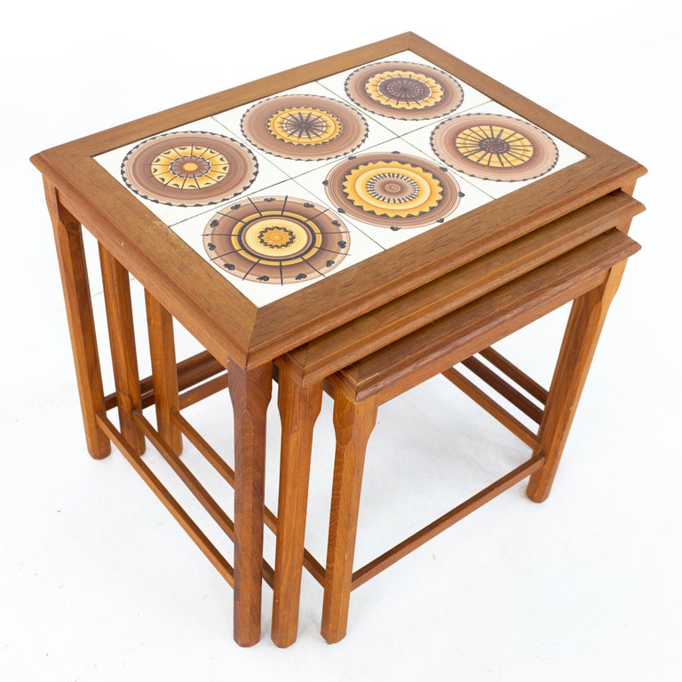 Ox Art for Trioh Mid Century Danish Teak and Mosaic Tile Nesting Tables