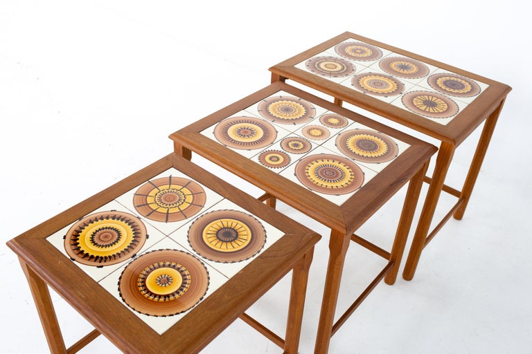 Ox Art for Trioh Mid Century Danish Teak and Mosaic Tile Nesting Tables