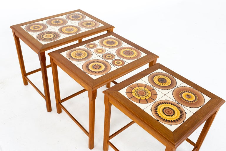 Ox Art for Trioh Mid Century Danish Teak and Mosaic Tile Nesting Tables