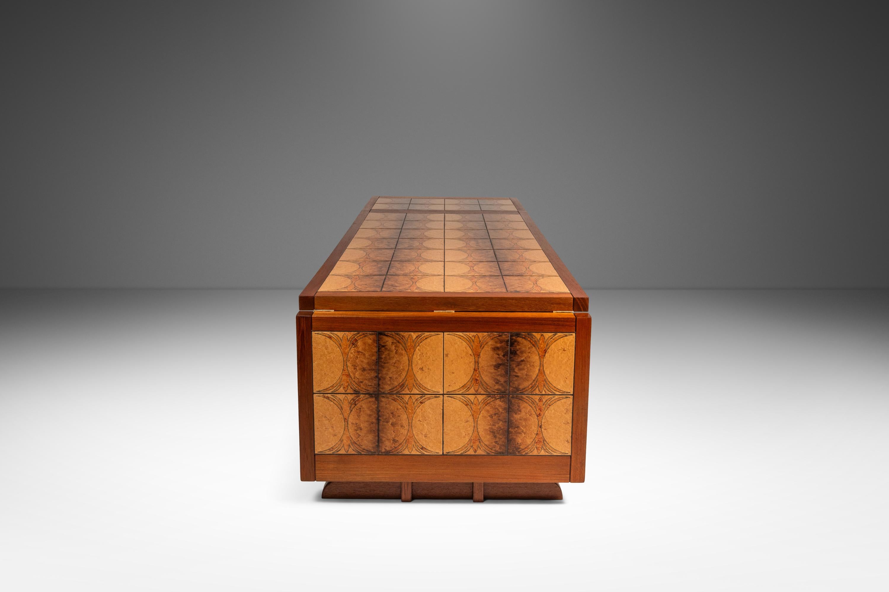 Teak Ox Art Style Drop Leaf Table with Original Tile Design, Trion, Denmark, 1970's For Sale