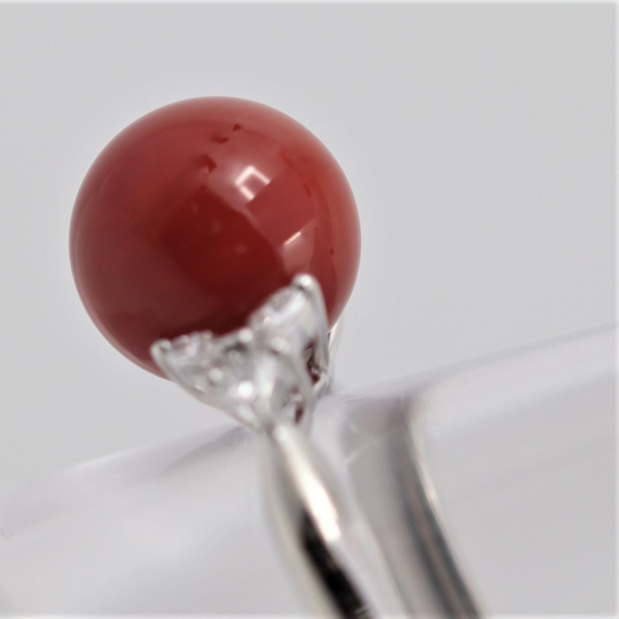 Mixed Cut Ox Blood Coral Diamond Platinum Ring For Sale