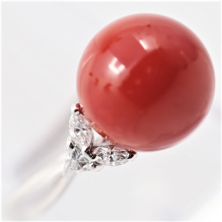 Ox Blood Coral Diamond Platinum Ring In New Condition For Sale In Beverly Hills, CA