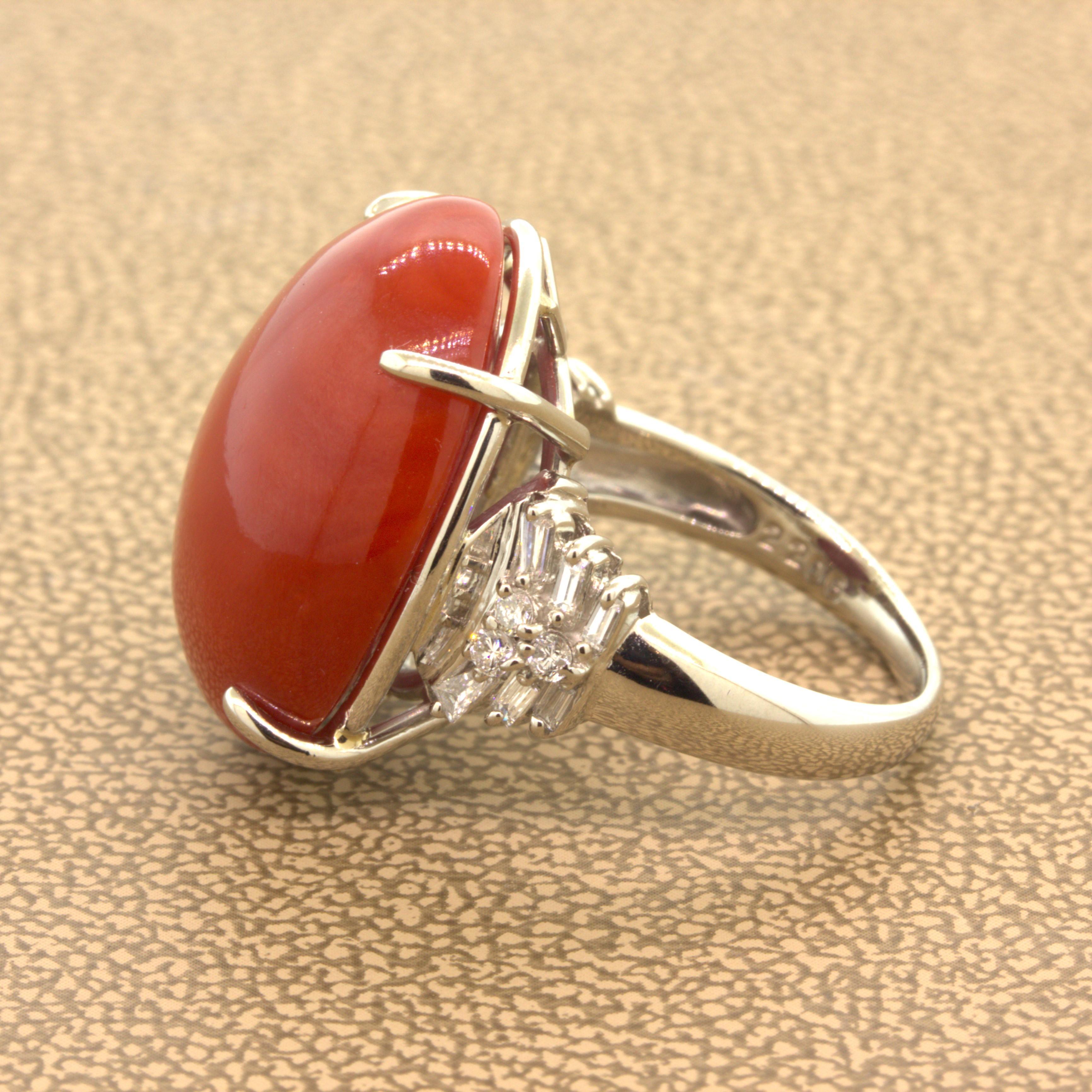 Ox Blood Coral Diamond Platinum Ring In New Condition In Beverly Hills, CA