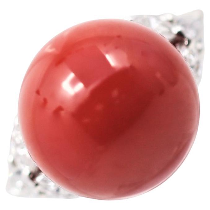 Ox Blood Coral Diamond Platinum Ring For Sale