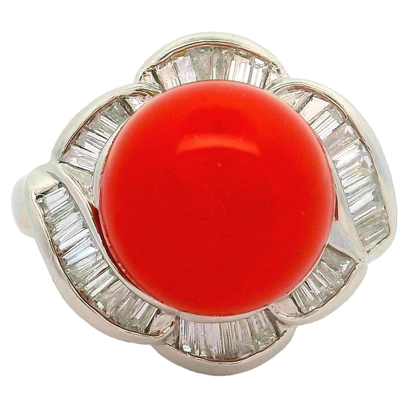Ox-Blood Coral Diamond Platinum Spiral Ring