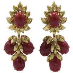 Ox Blood Coral Stone and 18 Karat gold Sunflower Dangle Earrings