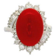 Ox Blood Red Coral Diamond Platinum Cocktail Ring