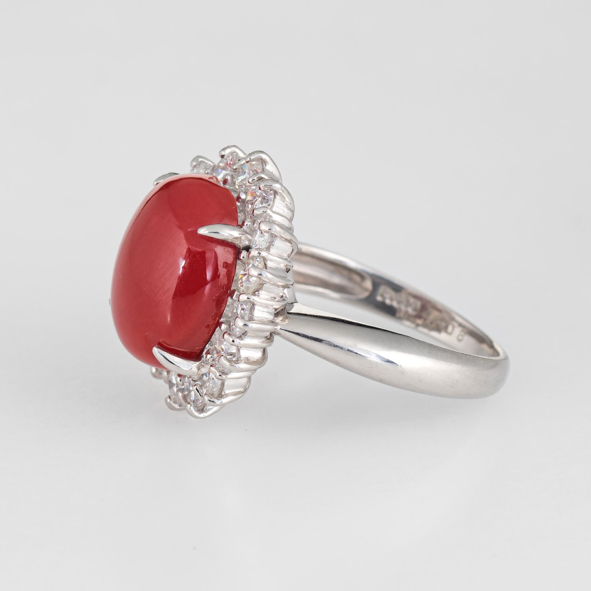 Oval Cut Ox Blood Red Coral Diamond Ring Estate Platinum Cocktail Jewelry Vintage 5.75