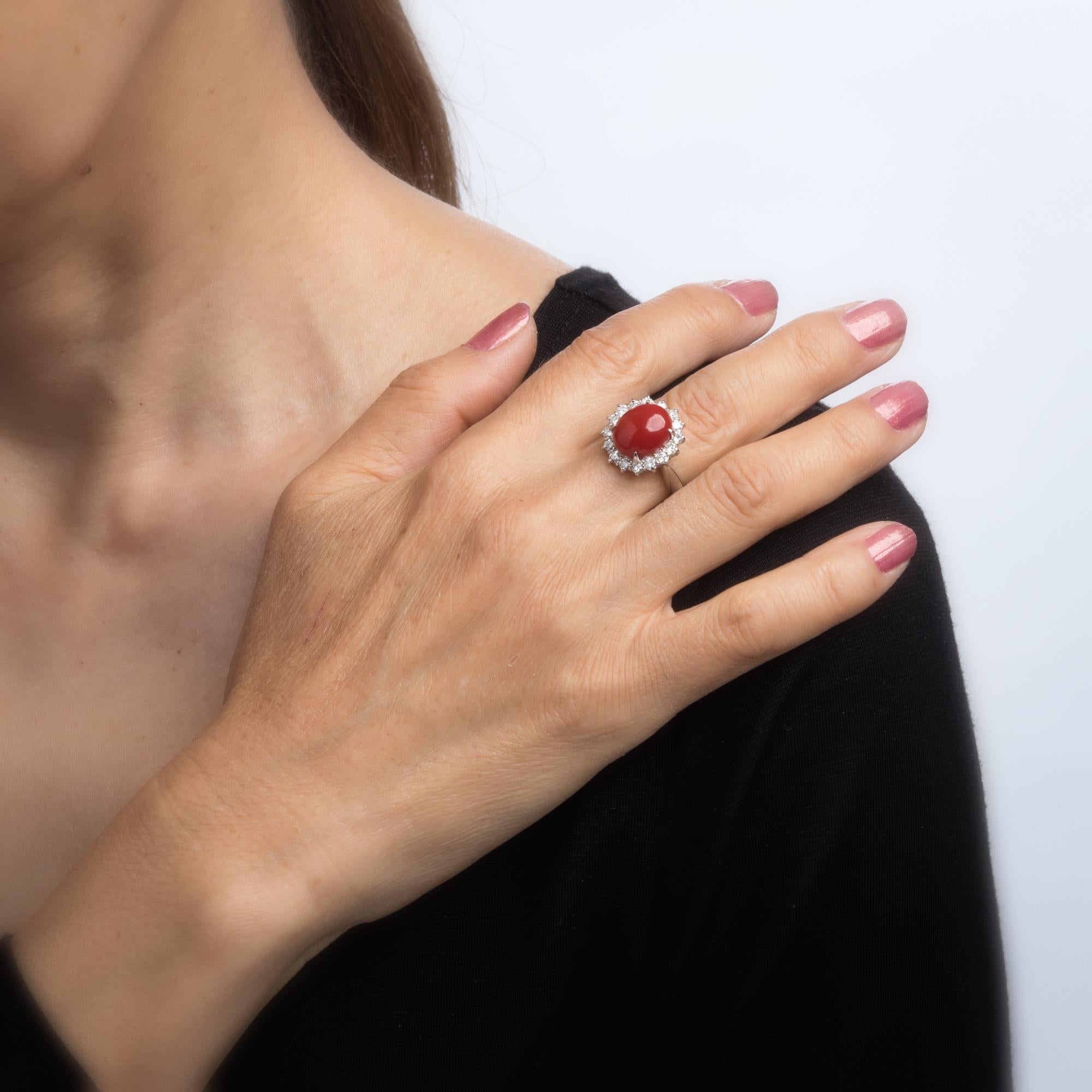 Women's Ox Blood Red Coral Diamond Ring Estate Platinum Cocktail Jewelry Vintage 5.75