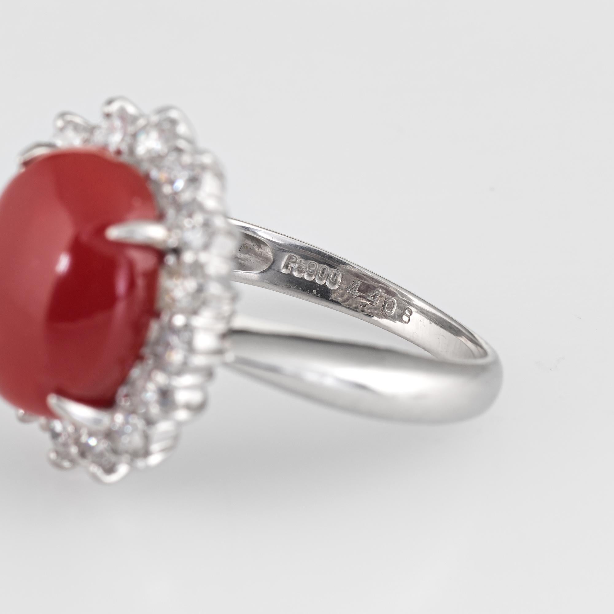 Ox Blood Red Coral Diamond Ring Estate Platinum Cocktail Jewelry Vintage 5.75 1