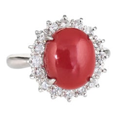 Ox Blood Red Coral Diamond Ring Estate Platinum Cocktail Jewelry Vintage 5.75