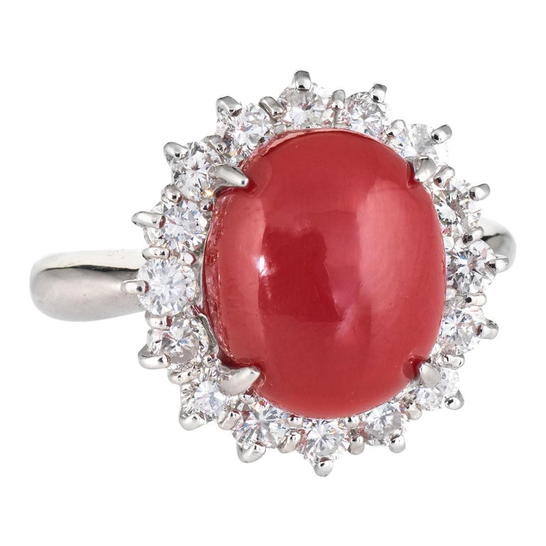 Ox Blood Red Coral Diamond Ring Estate Platinum Cocktail Jewelry ...