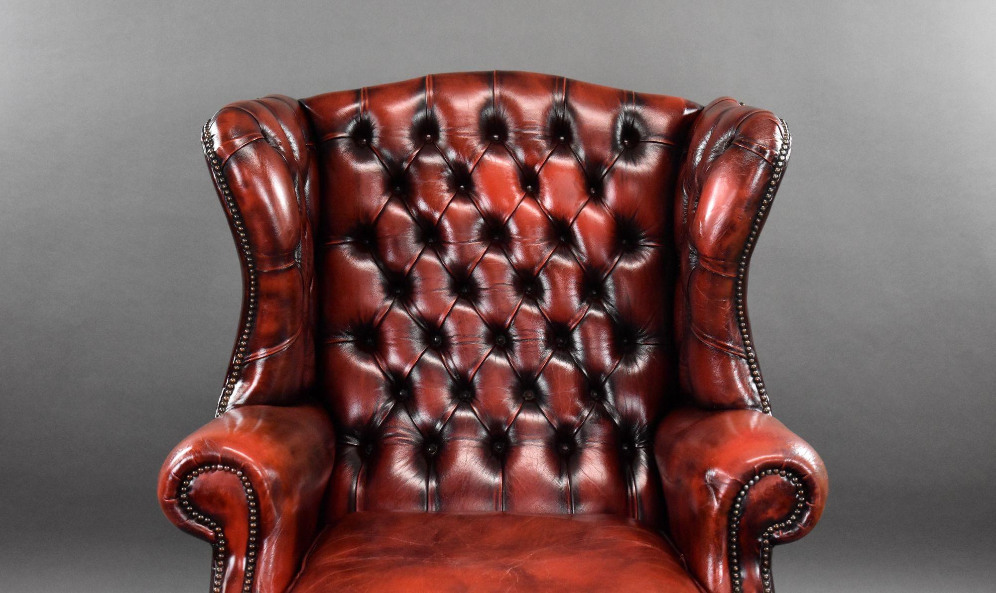 Ox Blood Red Leather Wing Back Armchair In Good Condition For Sale In Chelmsford, Essex