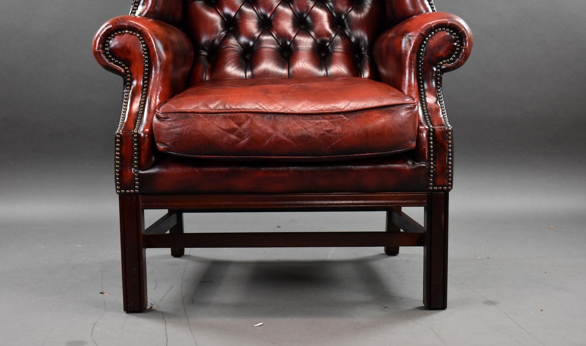 Late 20th Century Ox Blood Red Leather Wing Back Armchair For Sale