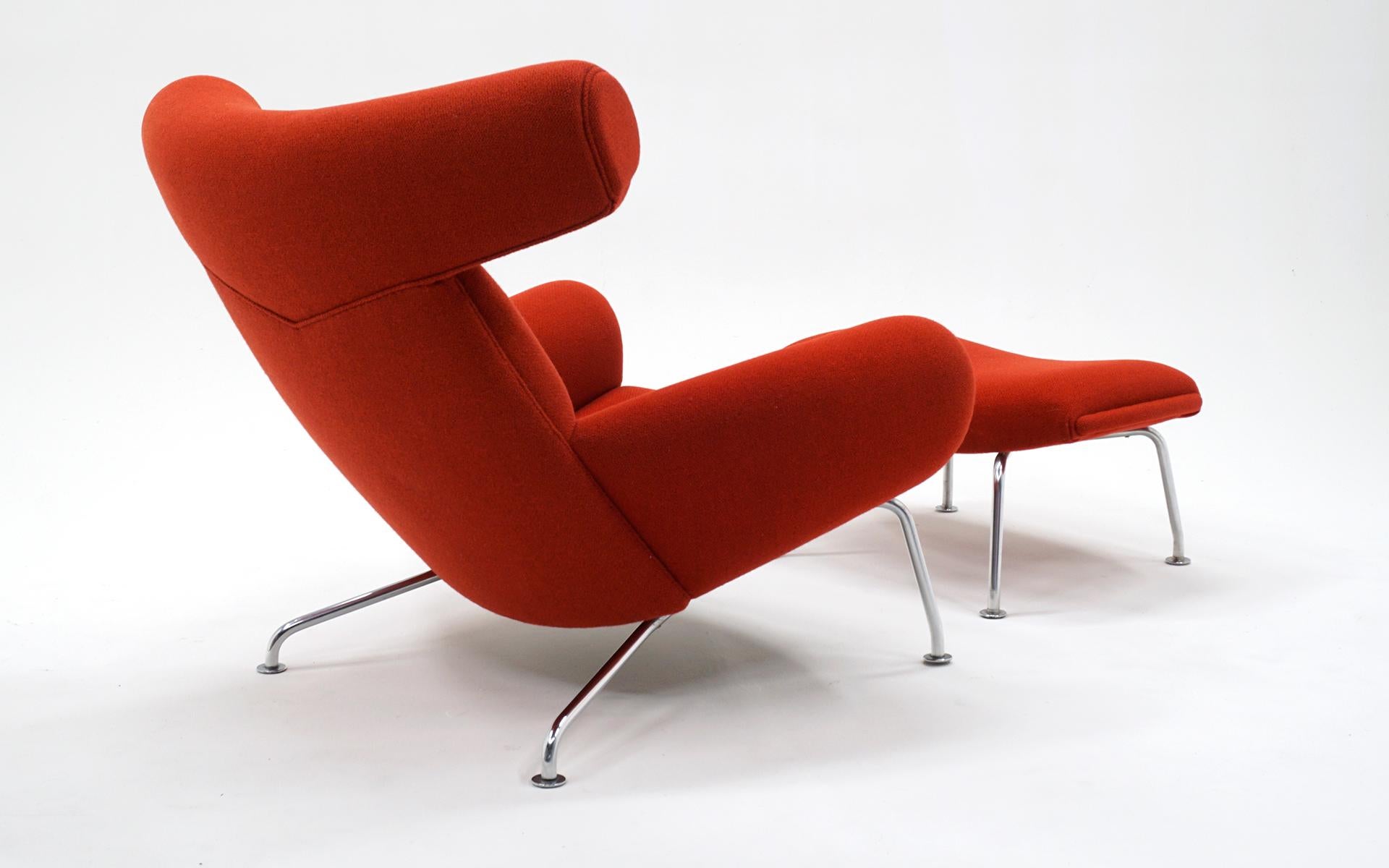 Scandinavian Modern Ox Chair and Ottoman by Hans Wegner for A.P. Stolen. Red Fabric, Chrome Legs. For Sale