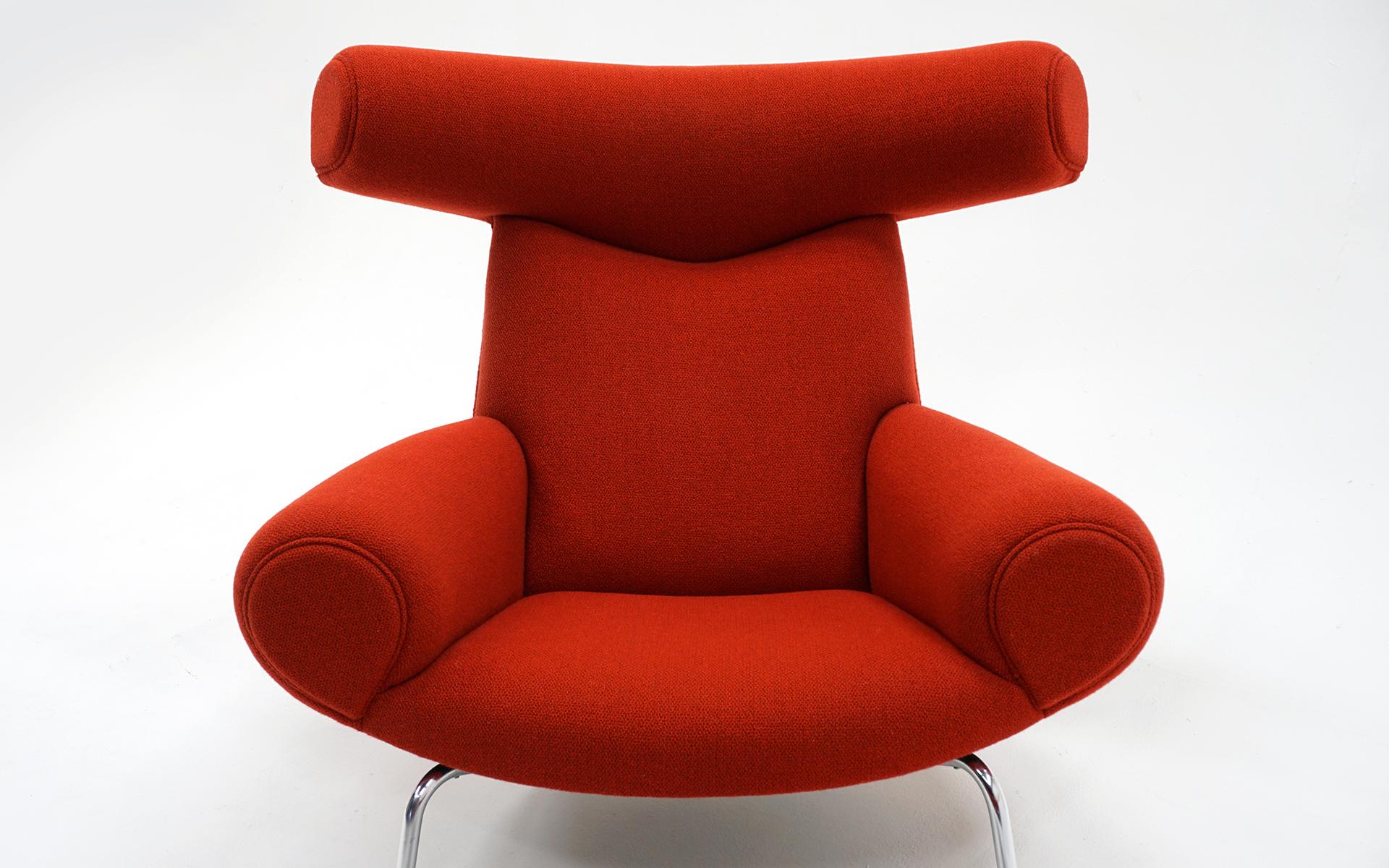 Ox Chair and Ottoman by Hans Wegner for A.P. Stolen. Red Fabric, Chrome Legs. In Good Condition For Sale In Kansas City, MO