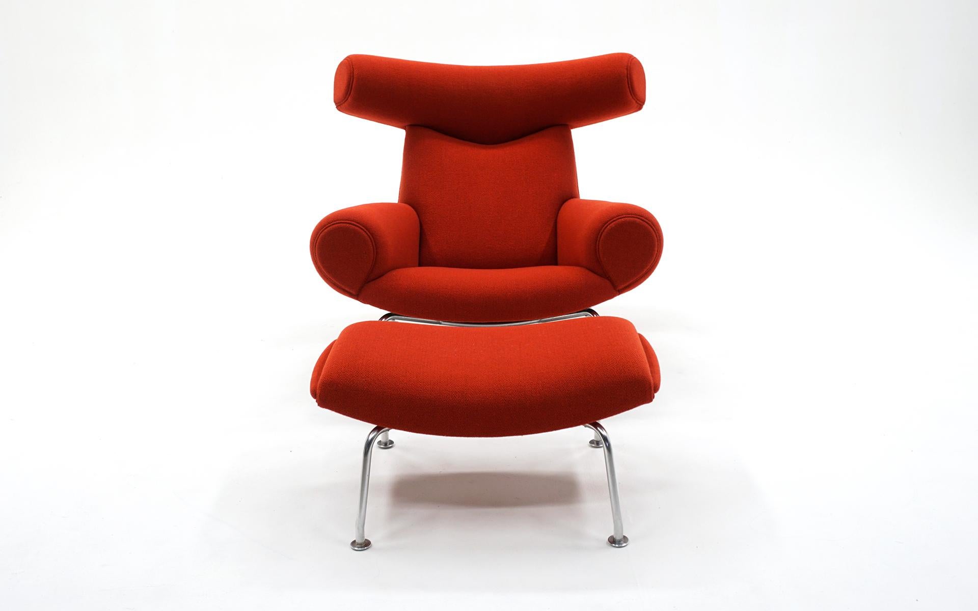 Late 20th Century Ox Chair and Ottoman by Hans Wegner for A.P. Stolen. Red Fabric, Chrome Legs. For Sale