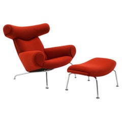 Ox Chair and Ottoman by Hans Wegner for Erik Jorgensen. Red Fabric, Chrome Legs.