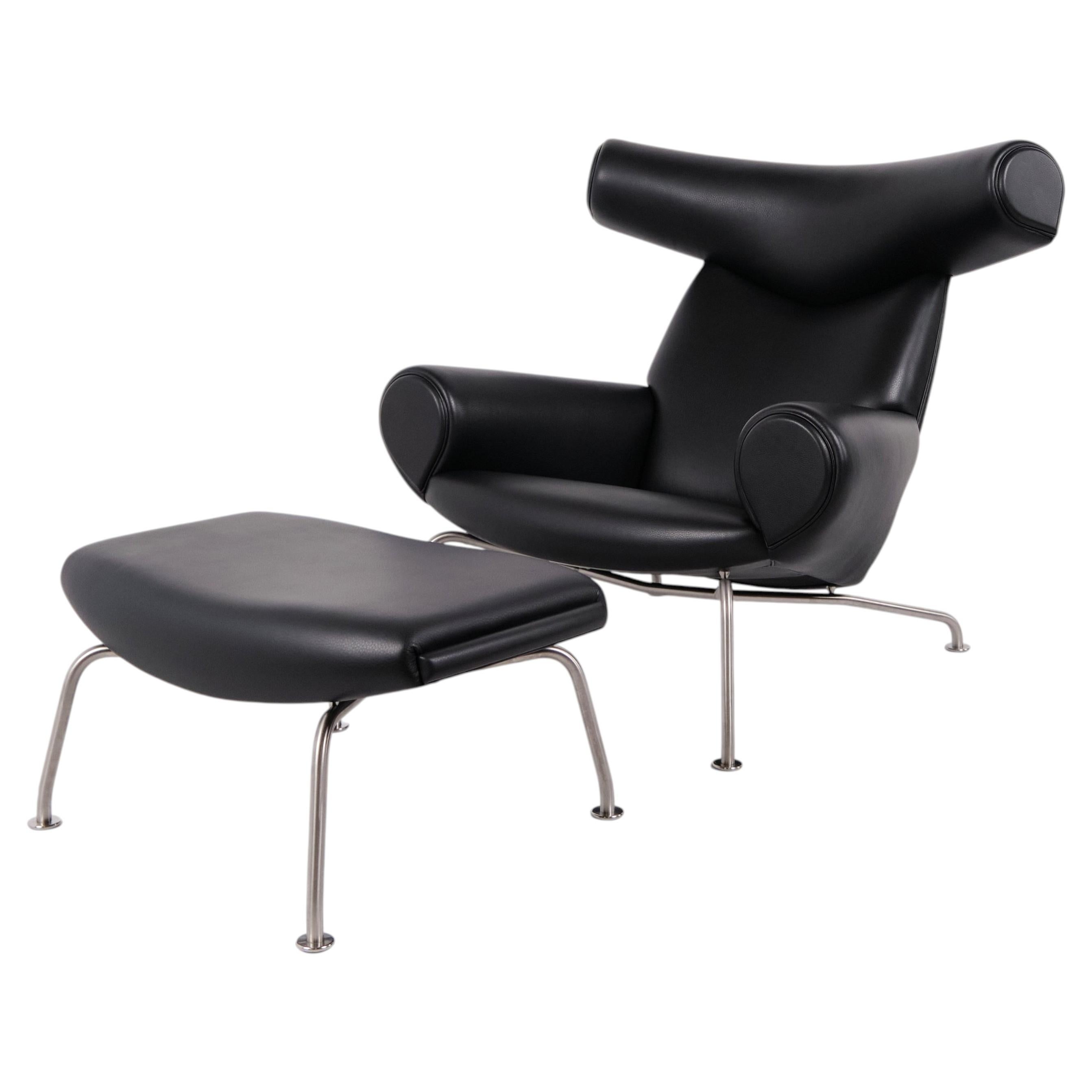Ox Chair with Ottoman Model EJ100 in Black Leather by Hans J. Wegner