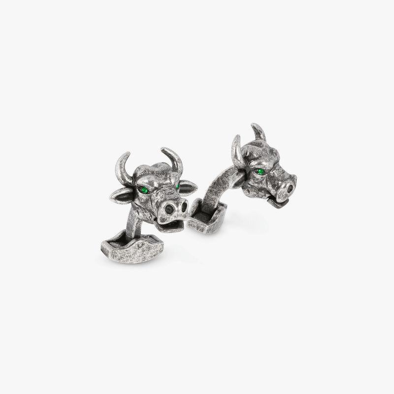 Ox mechanical cufflinks with green Swarovski elements

To celebrate 2021 the year of the Ox we have created these fierce Ox mechanical cufflinks. Featuring an opening mouth and moving ears this fun cufflink is the perfect omen for a good year ahead.