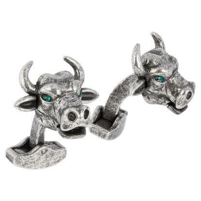 Ox Mechanical Cufflinks with Green Swarovski Elements For Sale