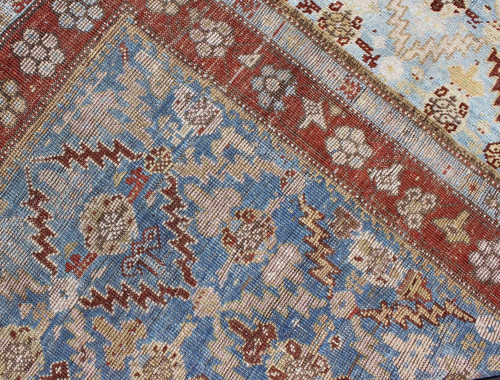 Ox Red and Ice Blue Antique Persian Malayer Runner with All-Over Geometrics For Sale 4