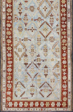 Antique Persian Malayer Runner with Light Sky Blue Field and Geometric Lattice