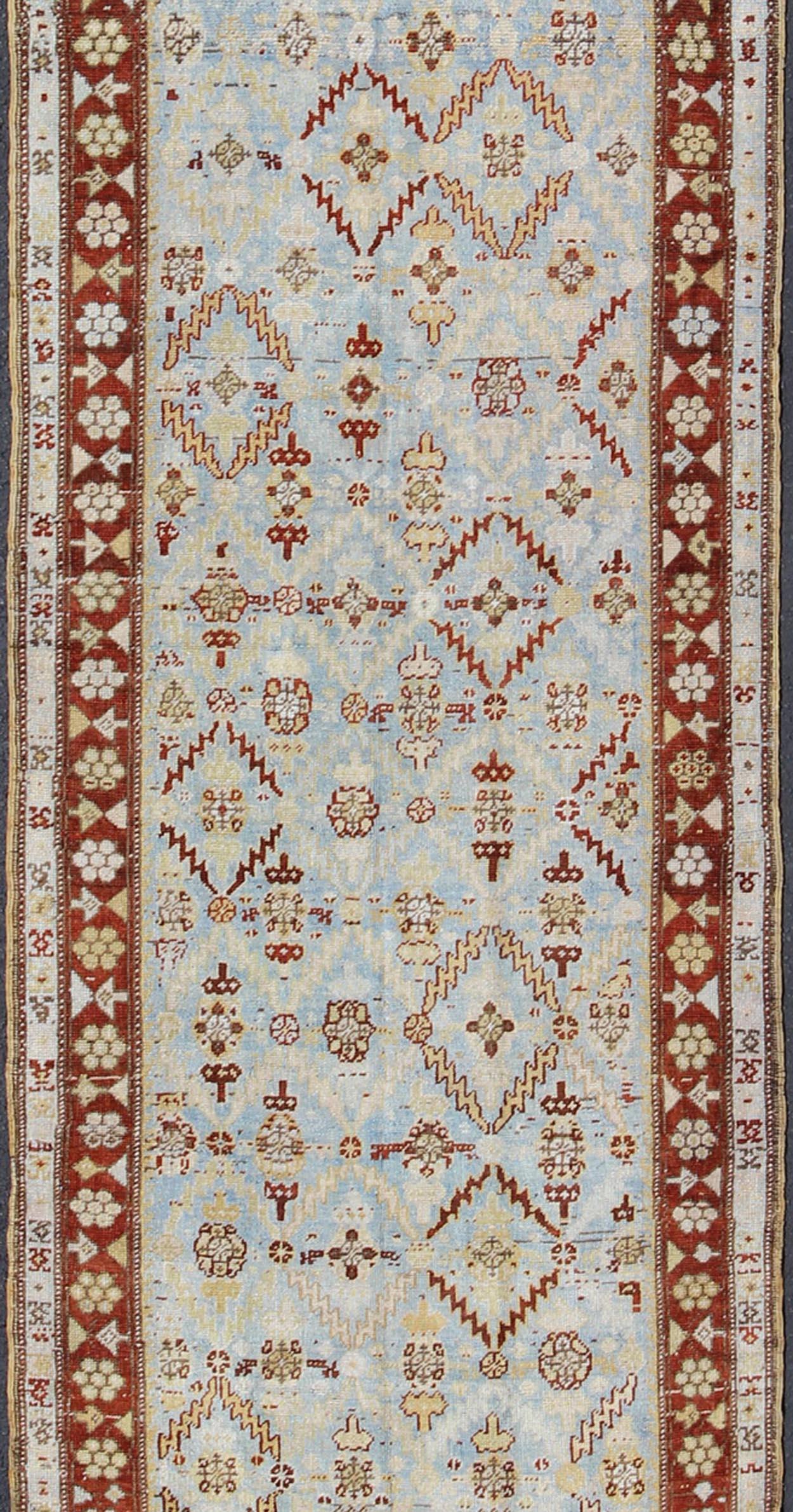 Hand-Knotted Ox Red and Ice Blue Antique Persian Malayer Runner with All-Over Geometrics For Sale