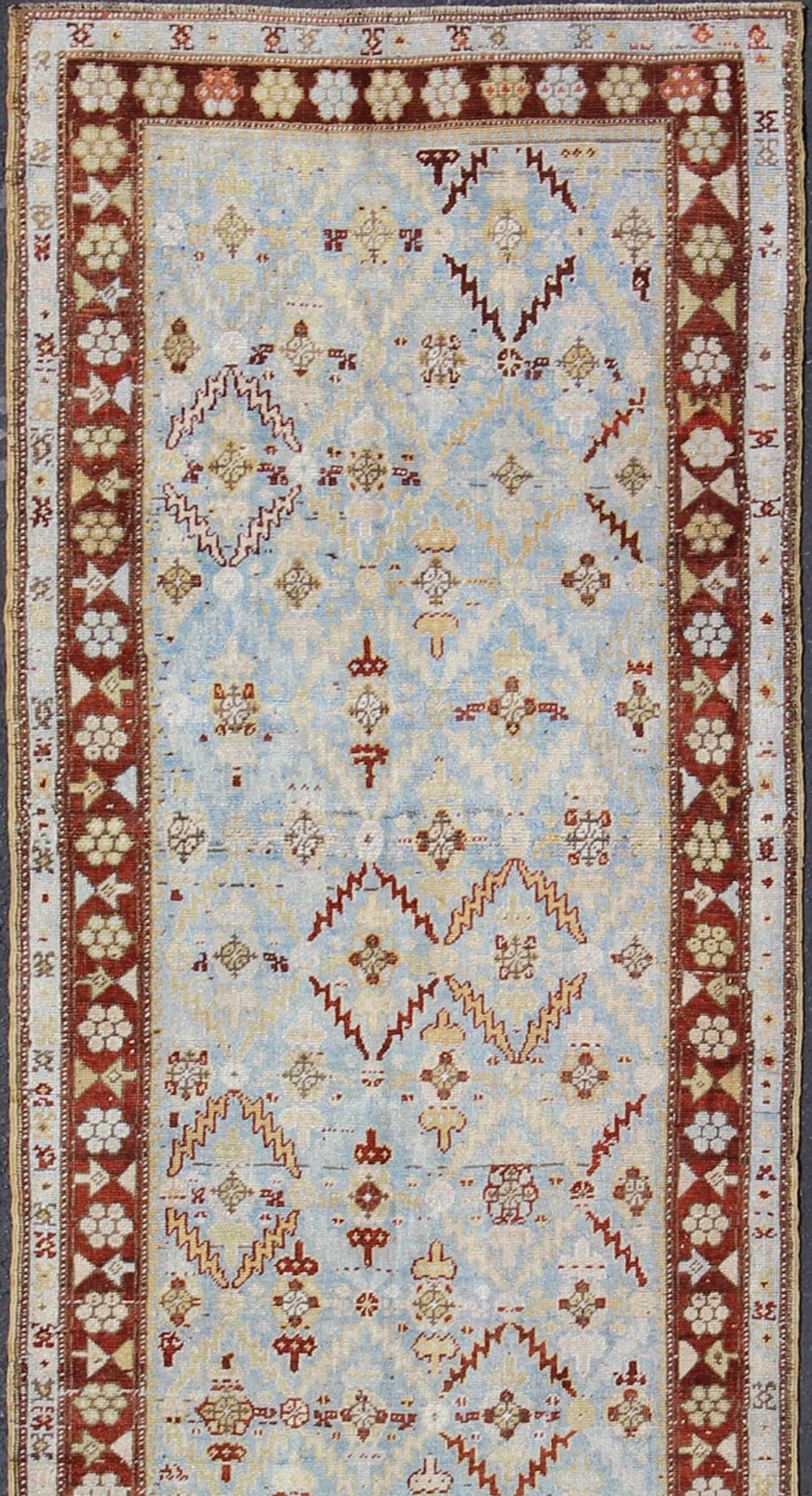 Ox Red and Ice Blue Antique Persian Malayer Runner with All-Over Geometrics In Good Condition For Sale In Atlanta, GA