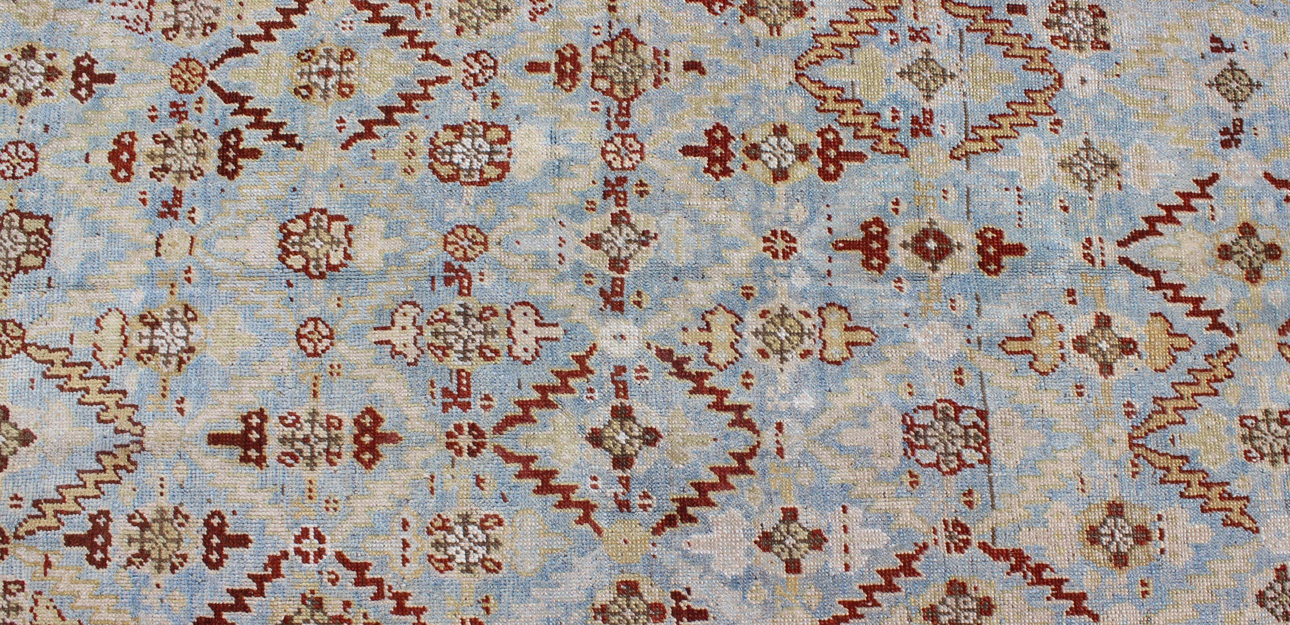 Wool Ox Red and Ice Blue Antique Persian Malayer Runner with All-Over Geometrics For Sale