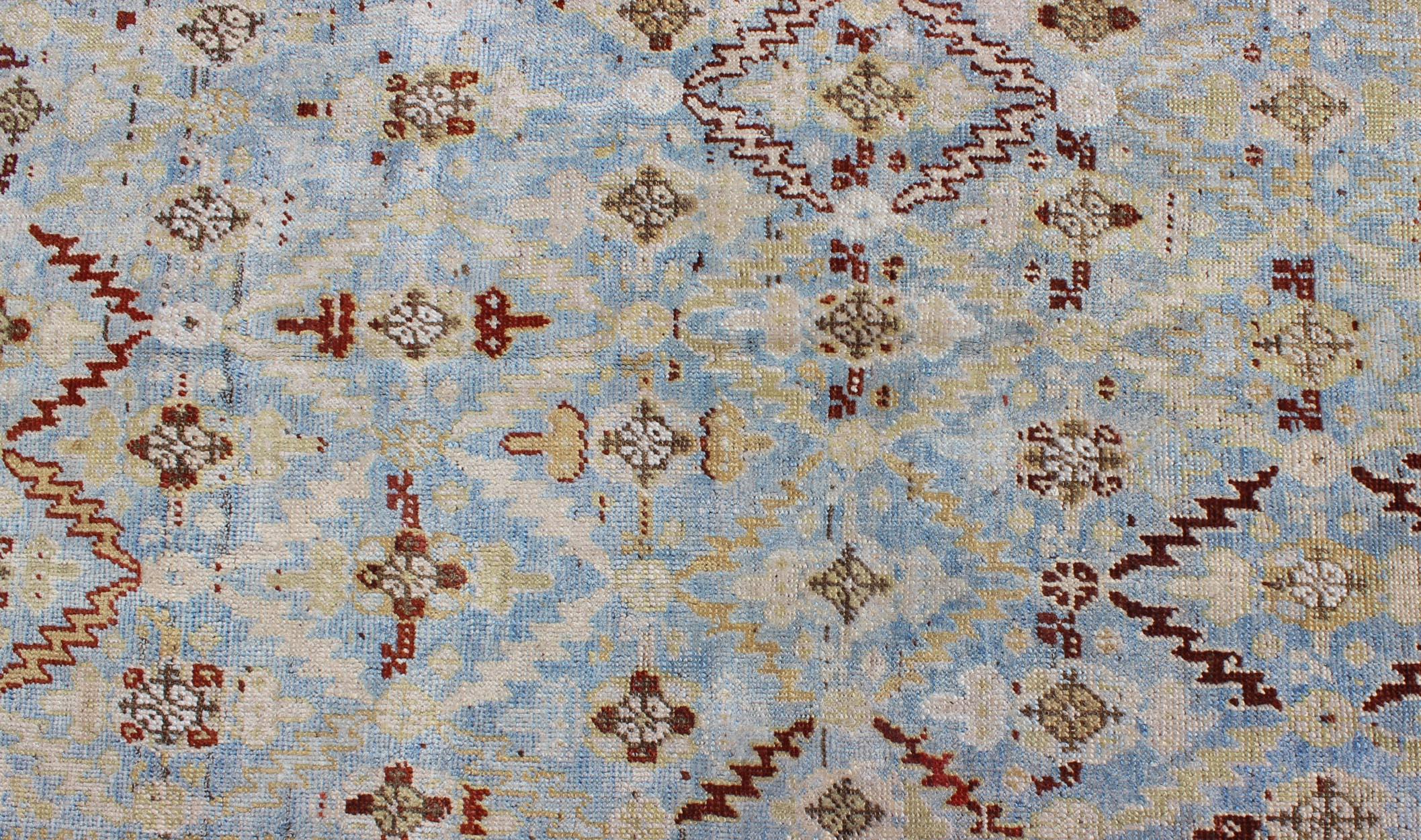 Ox Red and Ice Blue Antique Persian Malayer Runner with All-Over Geometrics For Sale 1