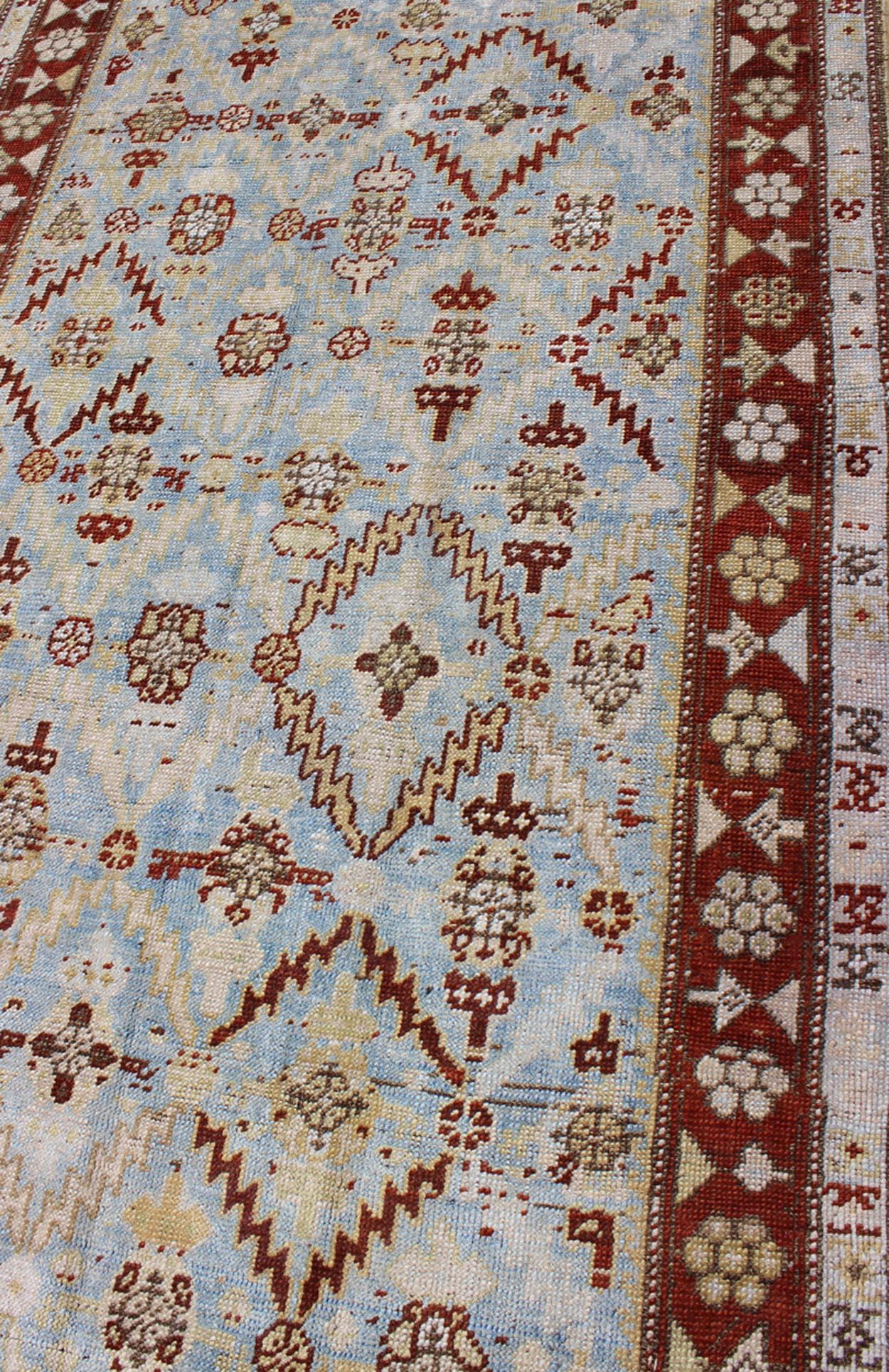 Ox Red and Ice Blue Antique Persian Malayer Runner with All-Over Geometrics For Sale 3