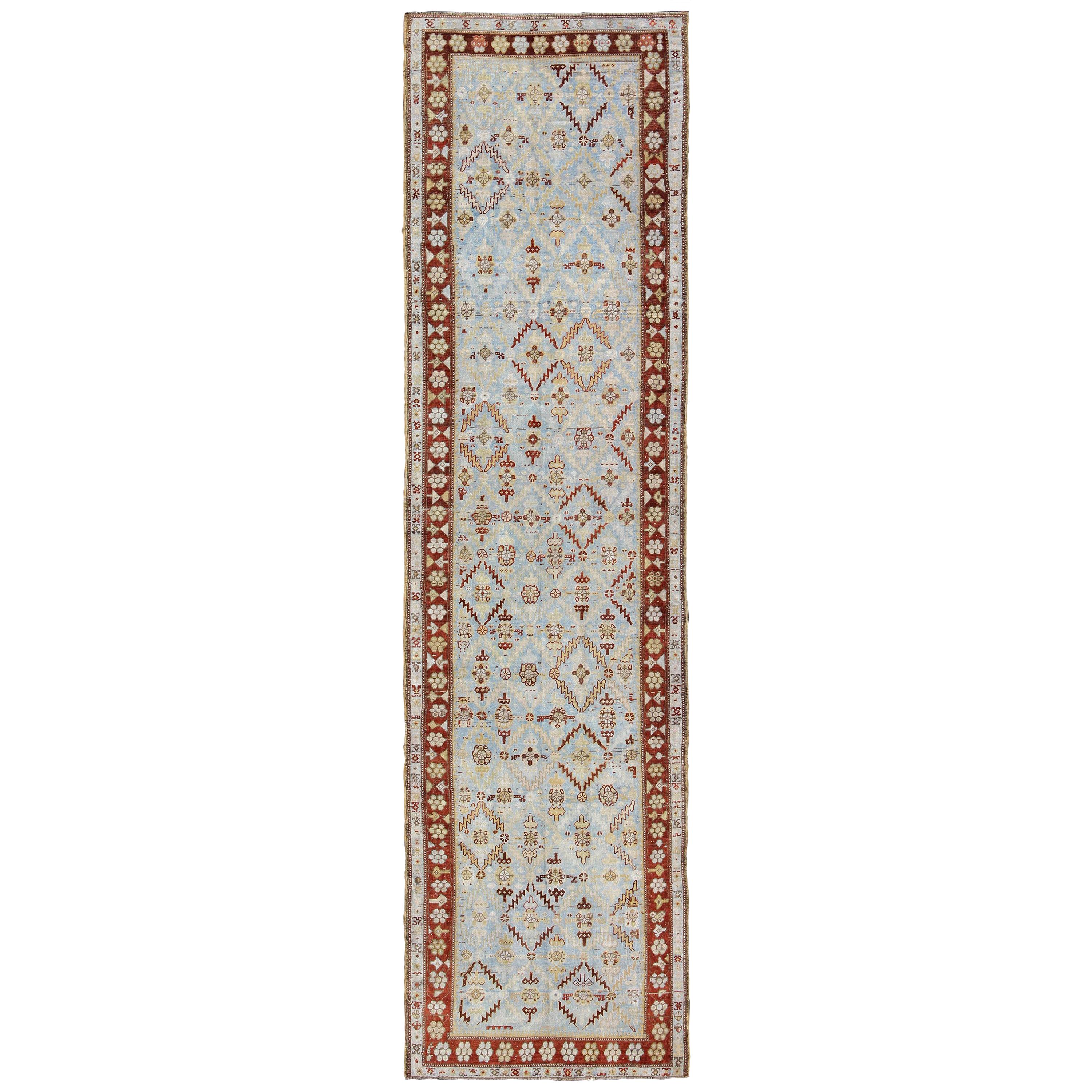 Ox Red and Ice Blue Antique Persian Malayer Runner with All-Over Geometrics For Sale