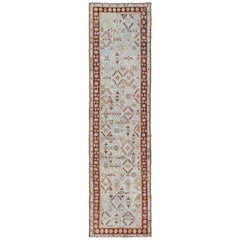 Ox Red and Ice Blue Antique Persian Malayer Runner with All-Over Geometrics