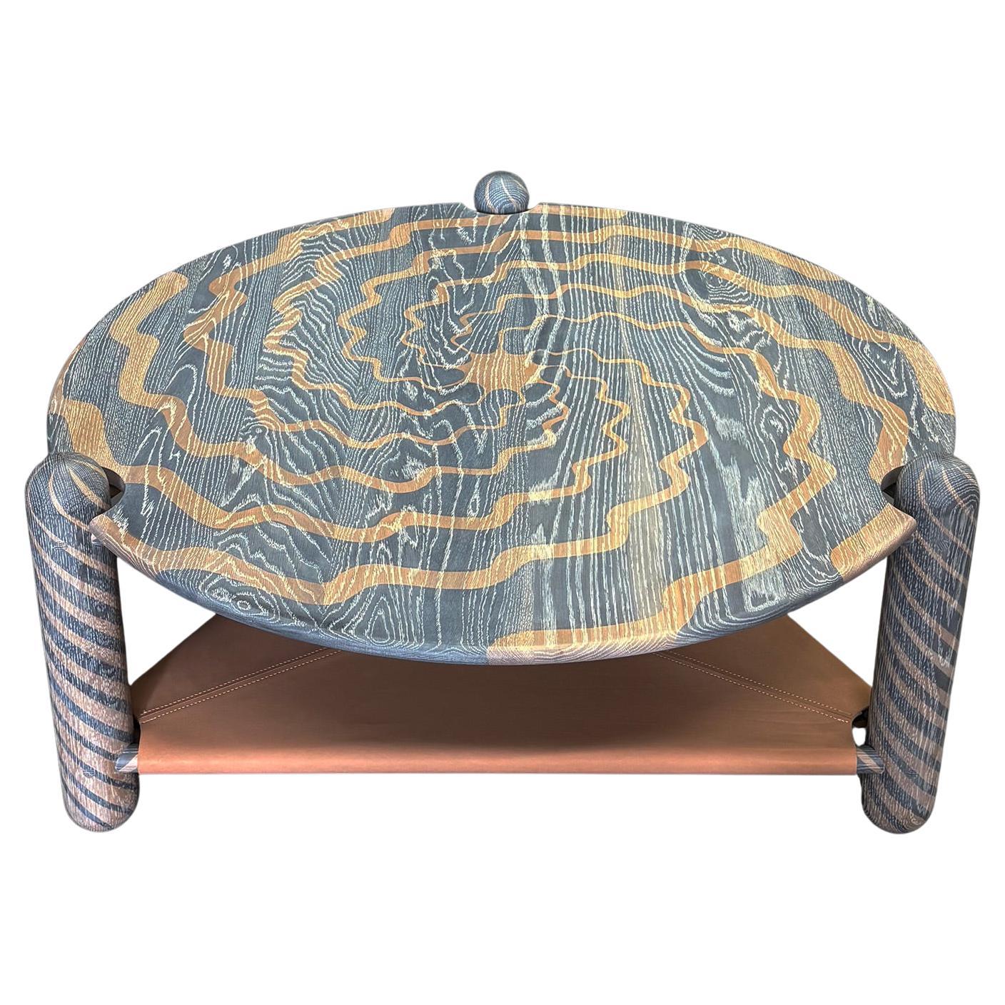 OXALINO Captain’s Table – Hand-painted Patterned Coffee Table in Oak and Leather For Sale