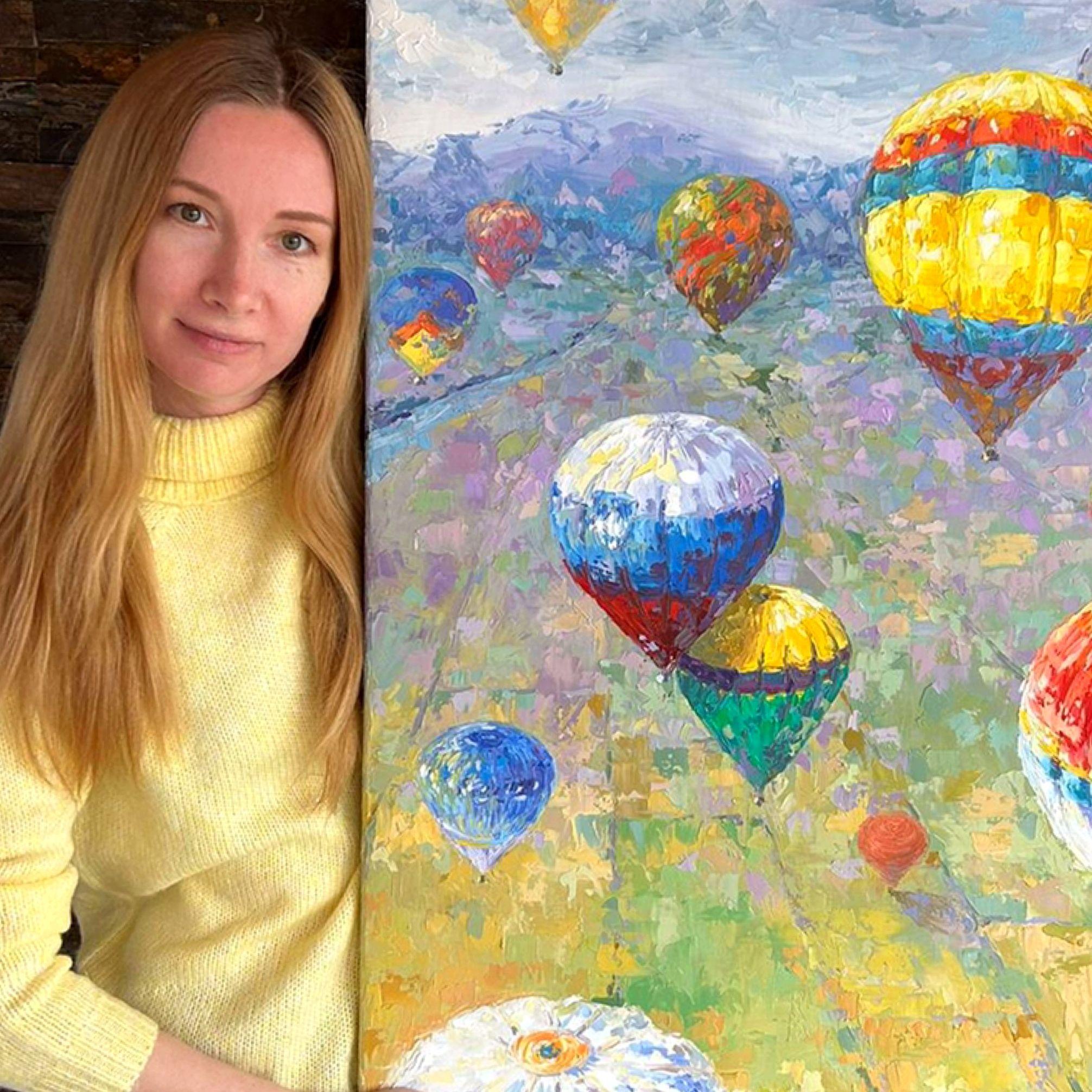 „Hot air Ballons“, Gemälde, Öl auf Leinwand im Angebot 1