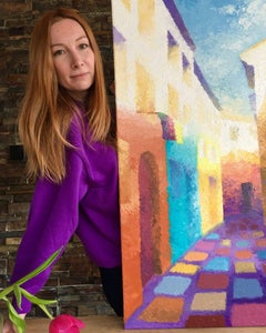 "Passeggiata per le strade colorate", Pittura, Olio su tela