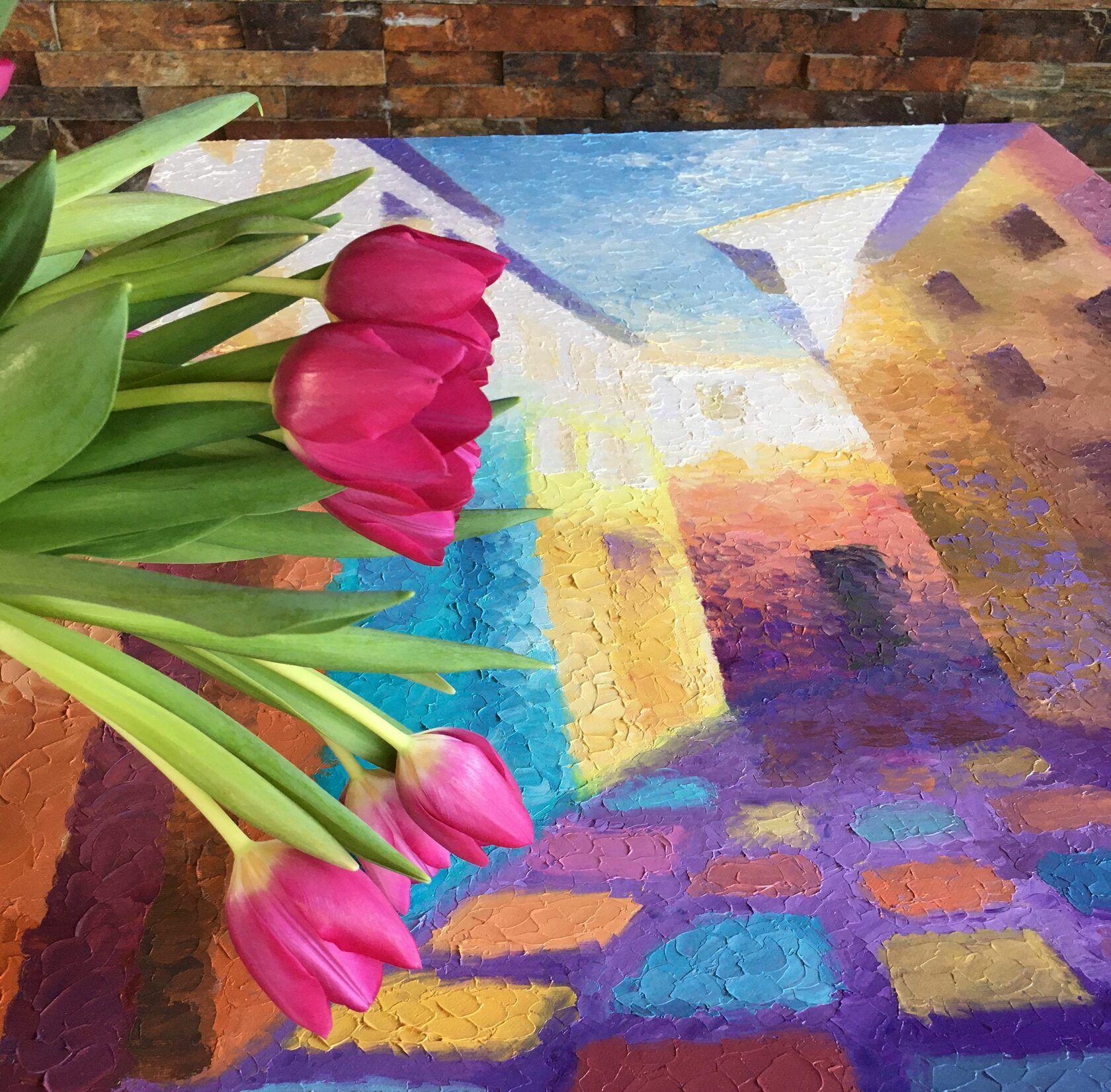 „Stroll through the colorful streets“, Gemälde, Öl auf Leinwand im Angebot 1