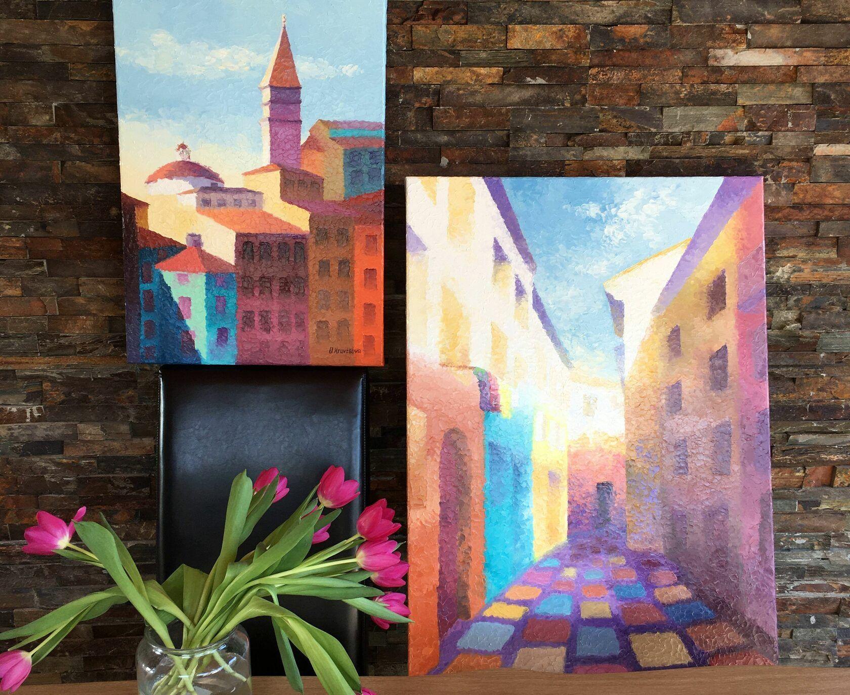 „Stroll through the colorful streets“, Gemälde, Öl auf Leinwand im Angebot 2