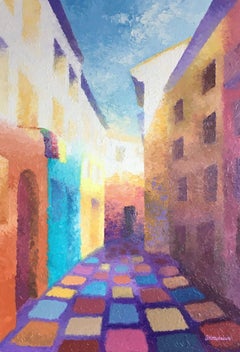 „Stroll through the colorful streets“, Gemälde, Öl auf Leinwand