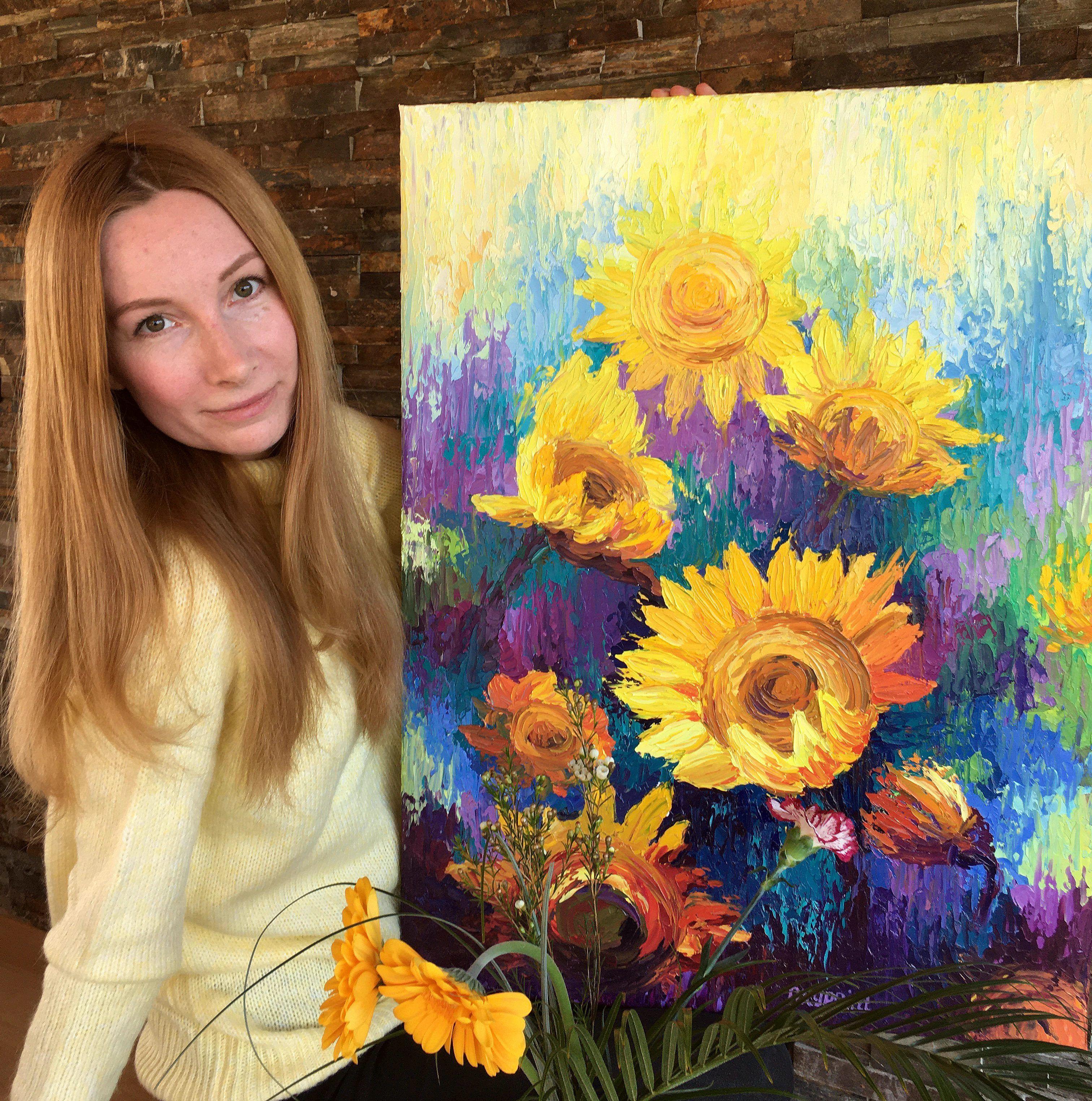 „Sonnenblumen“, Gemälde, Öl auf Leinwand (Impressionismus), Painting, von Oxana Kravtsova