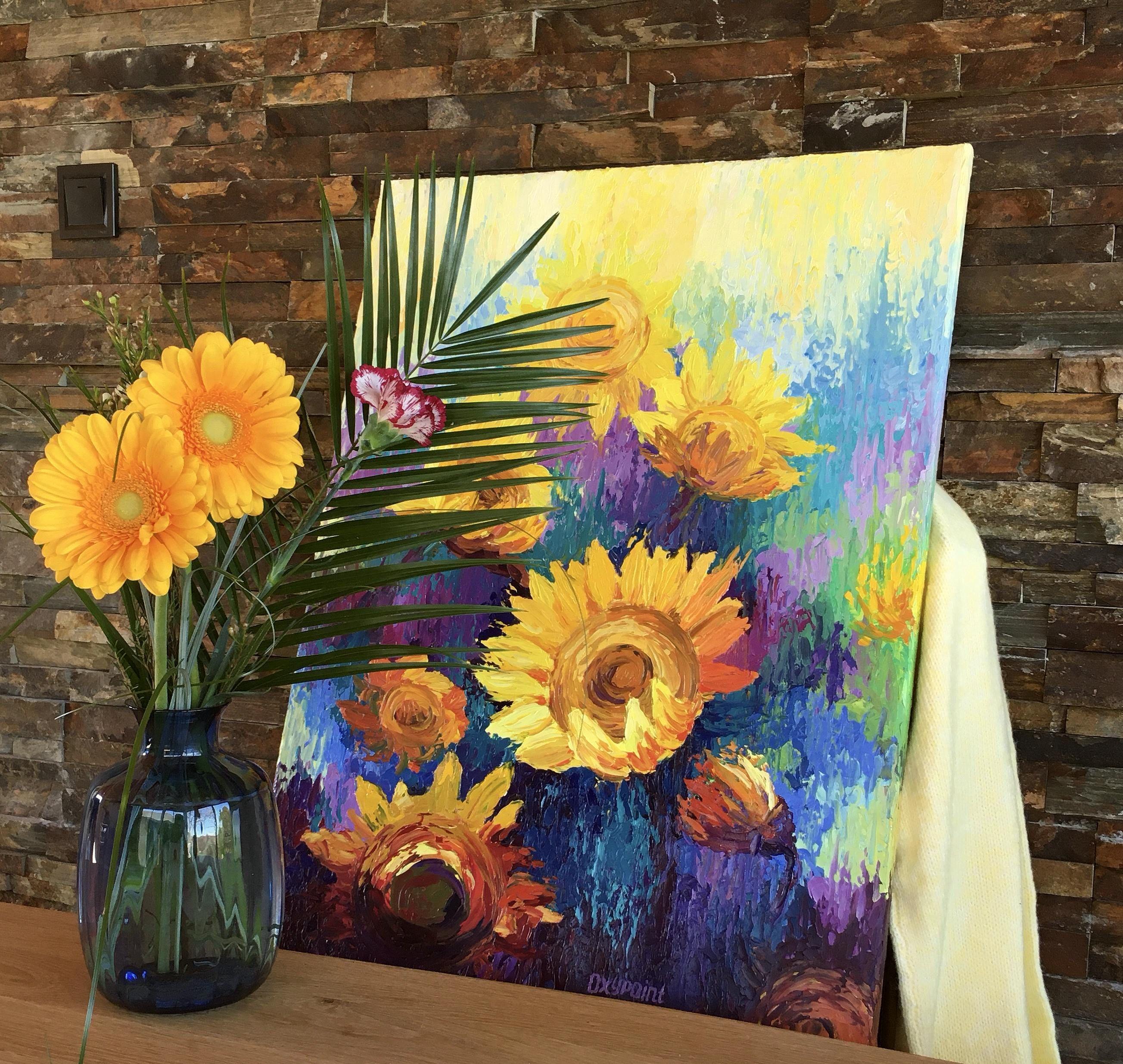 Mit strukturierten Strichen und leuchtenden, gesättigten Farben habe ich versucht, nicht nur das Aussehen, sondern auch den emotionalen Zustand der Sonnenblumen zu vermitteln. Jede Blume auf der Leinwand wirkt lebendig, als würde sie atmen und unter