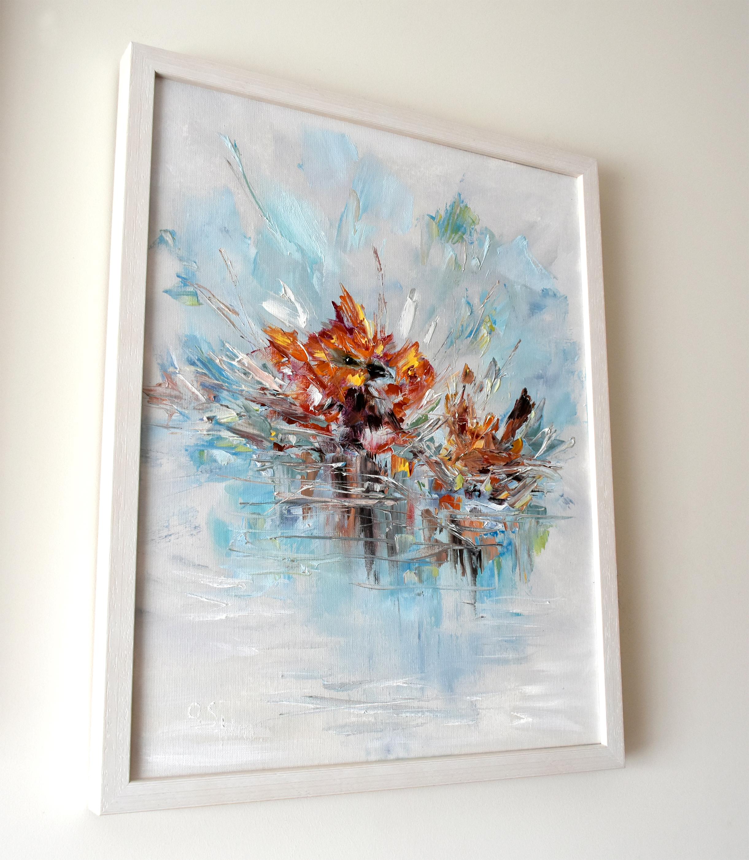Baño para pájaros. Óleo original - Animal Painting Gris de Oxana Shimanchuk
